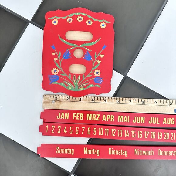 Vintage German Perpetual Sliding Wall Calendar WOOD Painted Red Kitschy - Picture 13 of 13